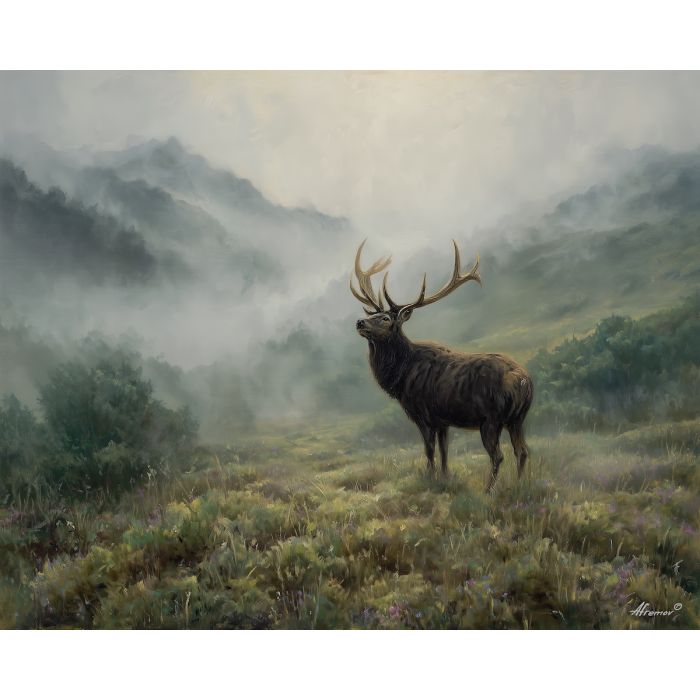 fantasy elk,lowland landscape,mystic animal,oil painting