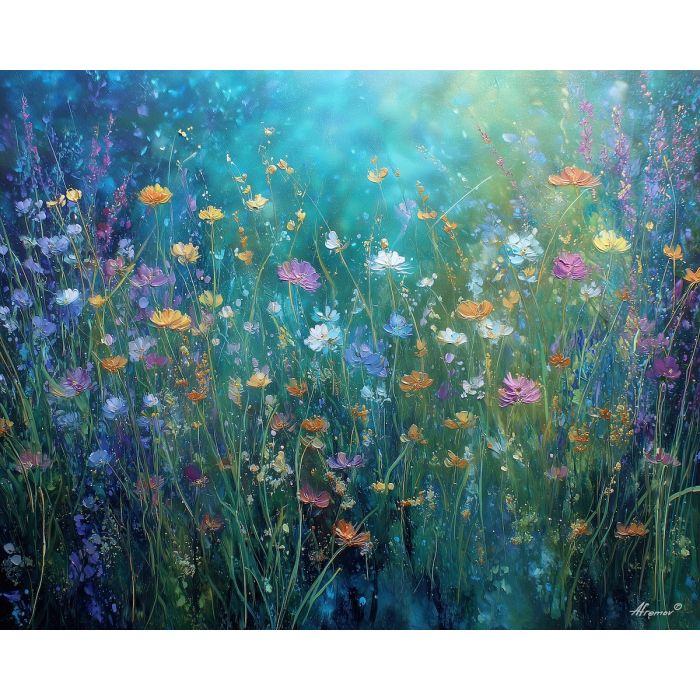 light element,meadow landscape,elemental glow,oil painting