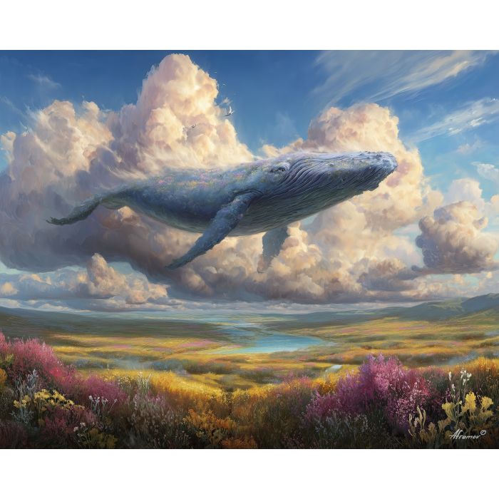 fantasy whale,sky creature,meadow landscape,oil painting