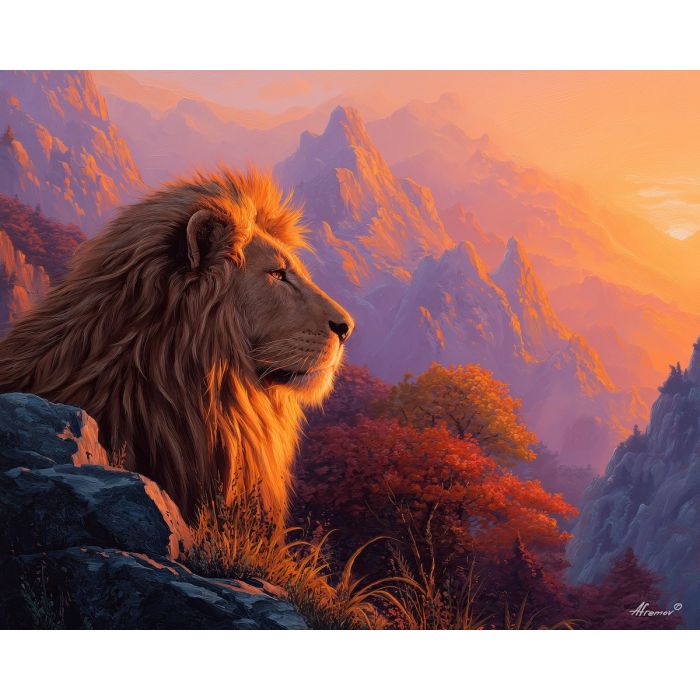 fantasy lion,glowing mane,ridge landscape,oil painting