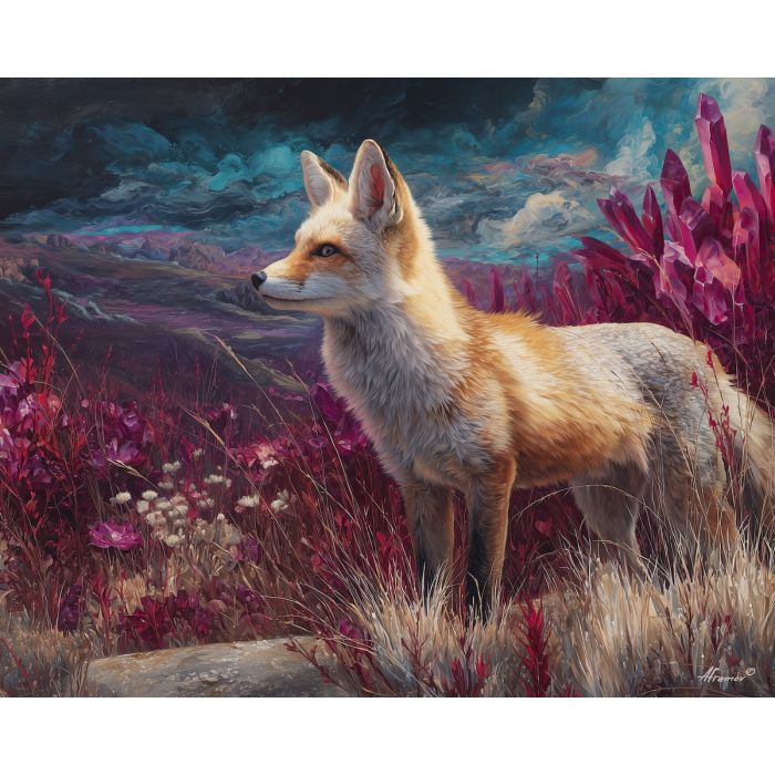 fantasy fox,crystal creature,open fields,oil painting