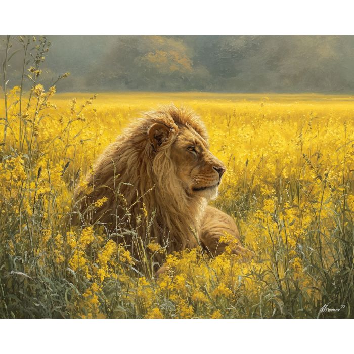 fantasy lion,open fields,daylight fantasy,oil painting