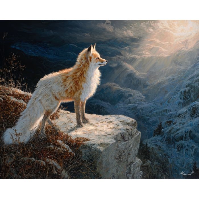 fantasy fox,crystal fur,ridge landscape,oil painting