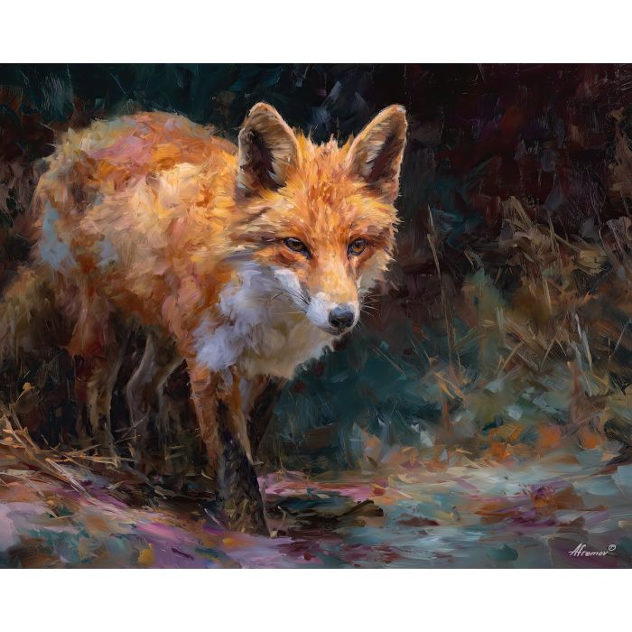 bright, muted, presence, fox, palette knife, oil painting, impasto, thick paint, textured surface, expressive art, painterly style, material depth, visual rhythm, contemporary art, hand painted, layered pigment, atmospheric, modern composition