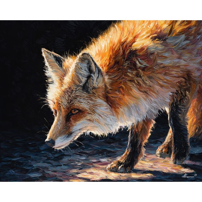 luminous, calm, shape, fox, palette knife, oil painting, impasto, thick paint, textured surface, expressive art, painterly style, material depth, visual rhythm, contemporary art, hand painted, layered pigment, atmospheric, modern composition