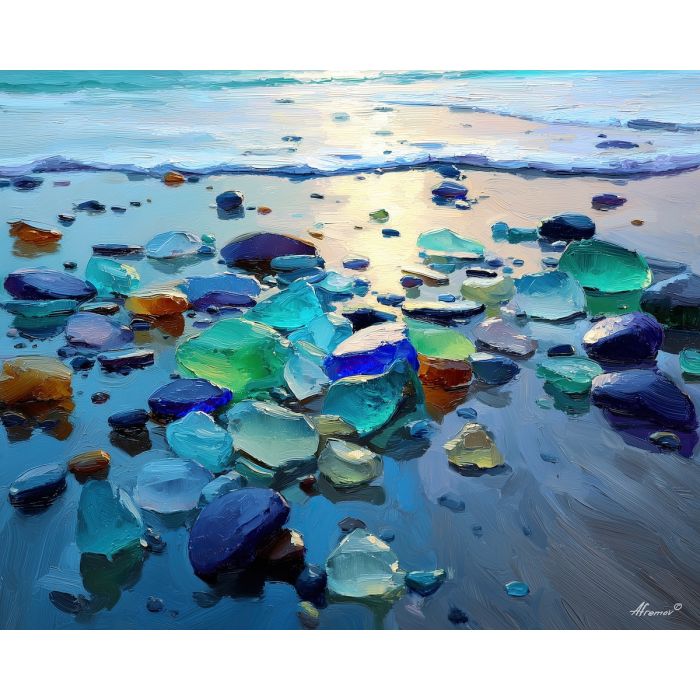 graphic, scene, sea glass, palette knife, oil painting, impasto, thick paint, textured surface, expressive art, painterly style, material depth, visual rhythm, contemporary art, hand painted, layered pigment, atmospheric, modern composition