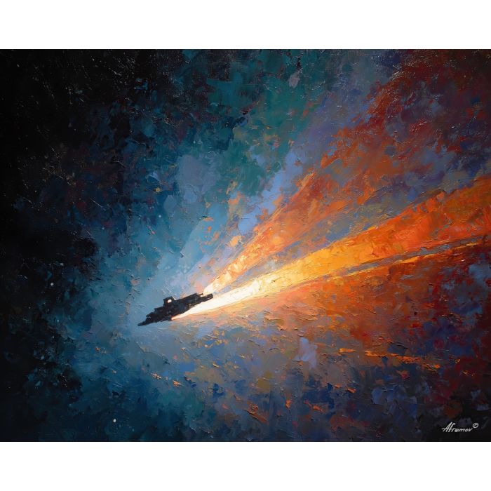 muted, vivid, rhythm, star wars, palette knife, oil painting, impasto, thick paint, textured surface, expressive art, painterly style, material depth, visual rhythm, contemporary art, hand painted, layered pigment, atmospheric, modern composition