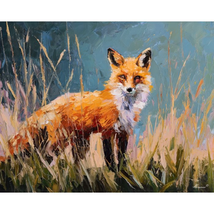 drifting, scene, fox, palette knife, oil painting, impasto, thick paint, textured surface, expressive art, painterly style, material depth, visual rhythm, contemporary art, hand painted, layered pigment, atmospheric, modern composition