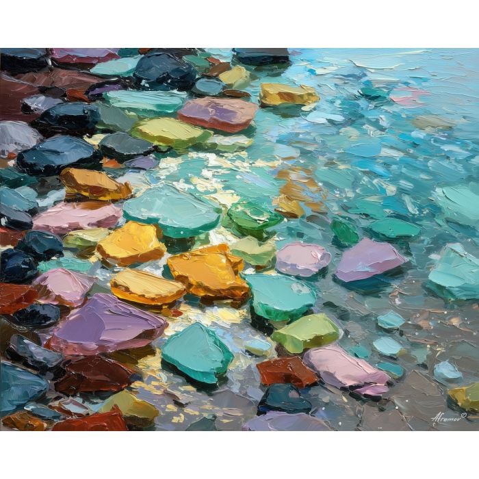 grounded, hidden, outline, sea glass, palette knife, oil painting, impasto, thick paint, textured surface, expressive art, painterly style, material depth, visual rhythm, contemporary art, hand painted, layered pigment, atmospheric, modern composition