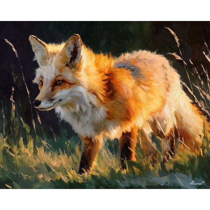 dreamy, moment, fox, palette knife, oil painting, impasto, thick paint, textured surface, expressive art, painterly style, material depth, visual rhythm, contemporary art, hand painted, layered pigment, atmospheric, modern composition