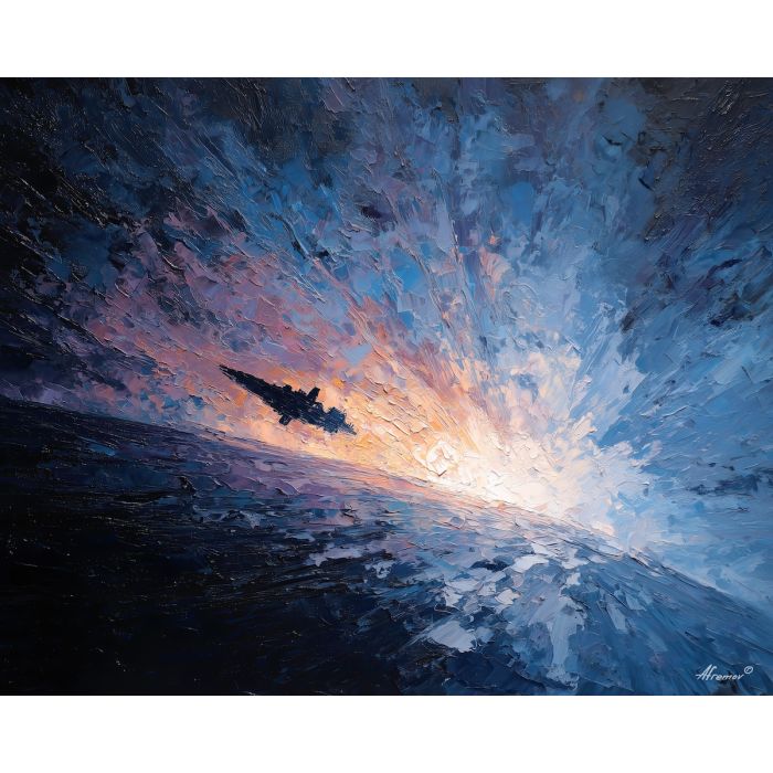 focused, color, star wars, palette knife, oil painting, impasto, thick paint, textured surface, expressive art, painterly style, material depth, visual rhythm, contemporary art, hand painted, layered pigment, atmospheric, modern composition