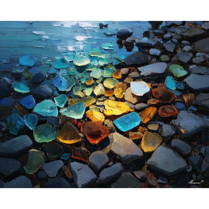 muted, focused, rhythm, sea glass, palette knife, oil painting, impasto, thick paint, textured surface, expressive art, painterly style, material depth, visual rhythm, contemporary art, hand painted, layered pigment, atmospheric, modern composition