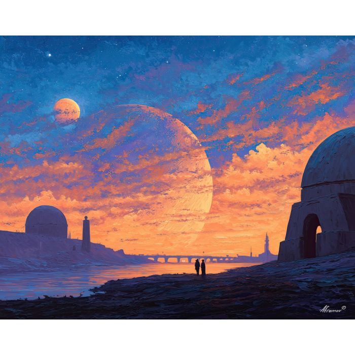 warm, balance, star wars, palette knife, oil painting, impasto, thick paint, textured surface, expressive art, painterly style, material depth, visual rhythm, contemporary art, hand painted, layered pigment, atmospheric, modern composition