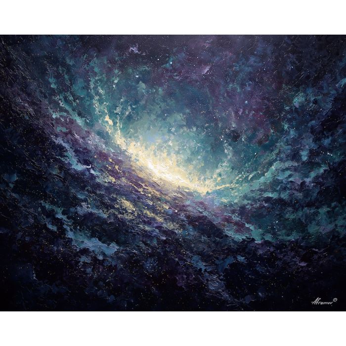 luminous, still, rhythm, star wars, palette knife, oil painting, impasto, thick paint, textured surface, expressive art, painterly style, material depth, visual rhythm, contemporary art, hand painted, layered pigment, atmospheric, modern composition