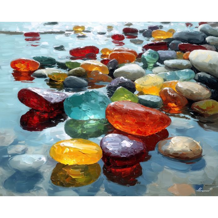 bright, warm, color, sea glass, palette knife, oil painting, impasto, thick paint, textured surface, expressive art, painterly style, material depth, visual rhythm, contemporary art, hand painted, layered pigment, atmospheric, modern composition