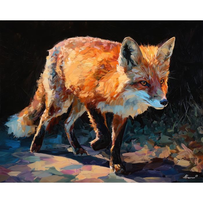 graphic, edge, fox, palette knife, oil painting, impasto, thick paint, textured surface, expressive art, painterly style, material depth, visual rhythm, contemporary art, hand painted, layered pigment, atmospheric, modern composition