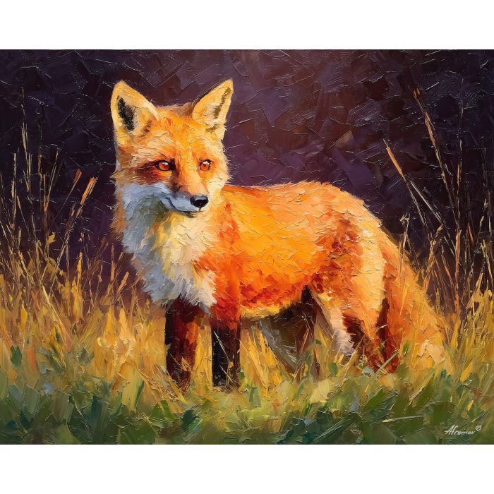 calm, hidden, color, fox, palette knife, oil painting, impasto, thick paint, textured surface, expressive art, painterly style, material depth, visual rhythm, contemporary art, hand painted, layered pigment, atmospheric, modern composition