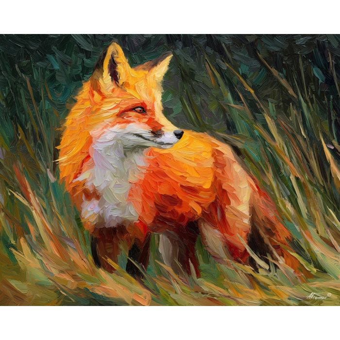 gentle, mood, fox, palette knife, oil painting, impasto, thick paint, textured surface, expressive art, painterly style, material depth, visual rhythm, contemporary art, hand painted, layered pigment, atmospheric, modern composition