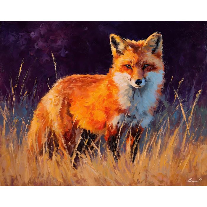 warm, vivid, color, fox, palette knife, oil painting, impasto, thick paint, textured surface, expressive art, painterly style, material depth, visual rhythm, contemporary art, hand painted, layered pigment, atmospheric, modern composition