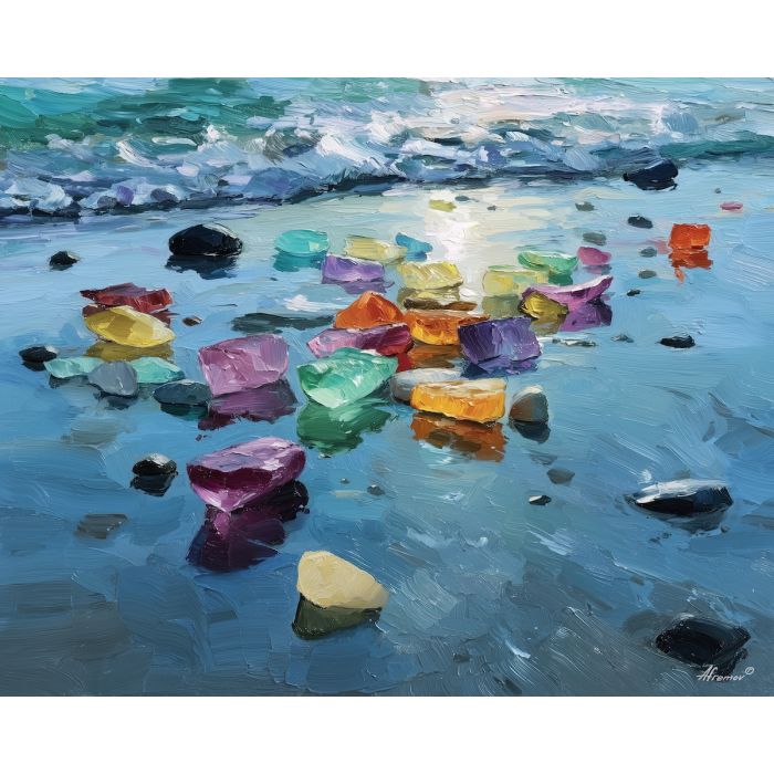 gentle, dreamy, moment, sea glass, palette knife, oil painting, impasto, thick paint, textured surface, expressive art, painterly style, material depth, visual rhythm, contemporary art, hand painted, layered pigment, atmospheric, modern composition