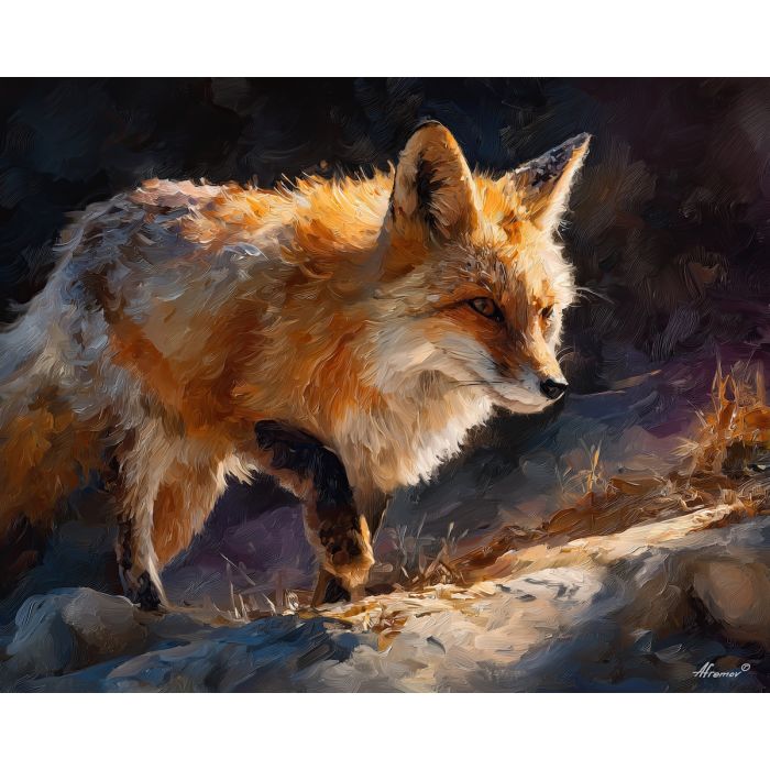 quiet, color, fox, palette knife, oil painting, impasto, thick paint, textured surface, expressive art, painterly style, material depth, visual rhythm, contemporary art, hand painted, layered pigment, atmospheric, modern composition