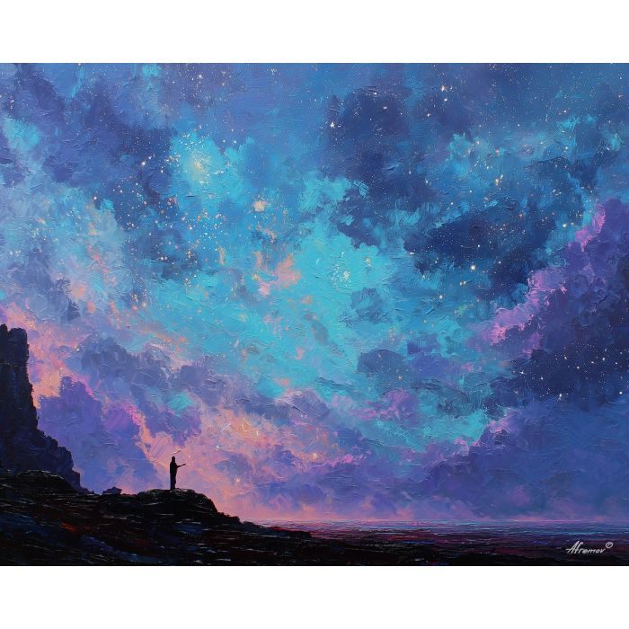 soft, dreamy, scene, star wars, palette knife, oil painting, impasto, thick paint, textured surface, expressive art, painterly style, material depth, visual rhythm, contemporary art, hand painted, layered pigment, atmospheric, modern composition