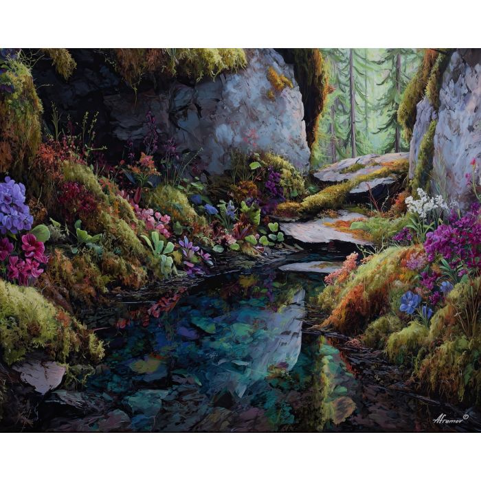 crystal element,basin landscape,prismatic growth,oil painting