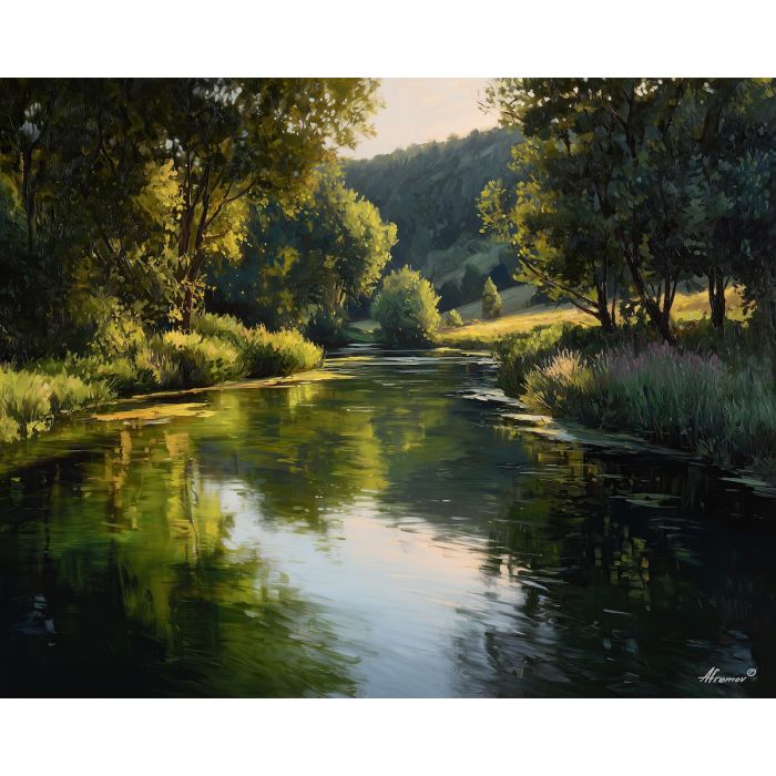 shadow element,river bend,low light water,oil painting