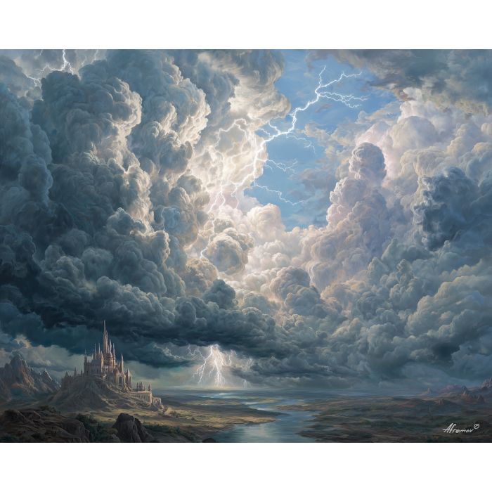 lightning element,fantasy landscape,balanced storm,oil painting