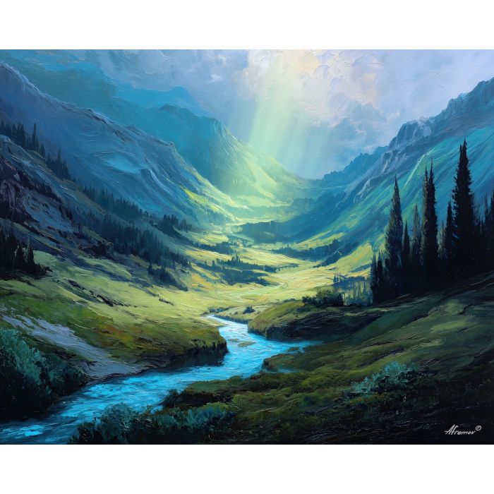 light element,glowing valley,soft radiance,oil painting
