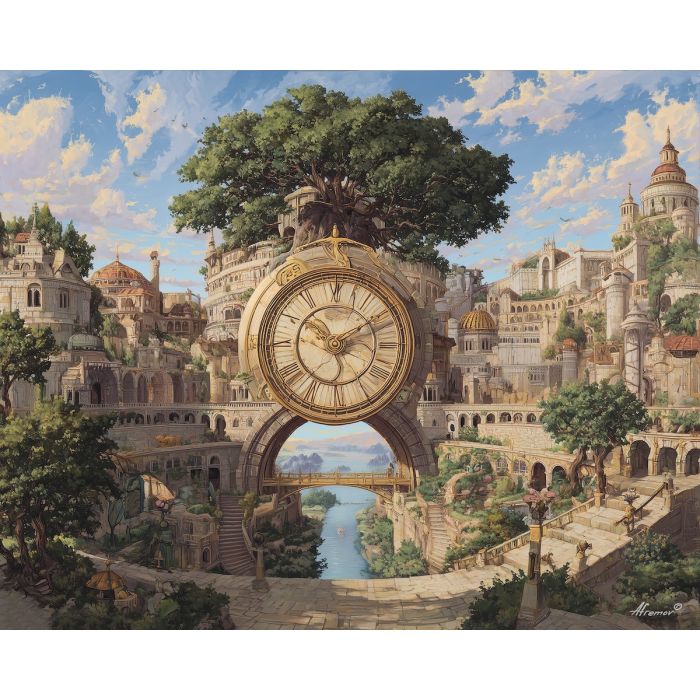 time element,fantasy landscape,balanced flow,oil painting