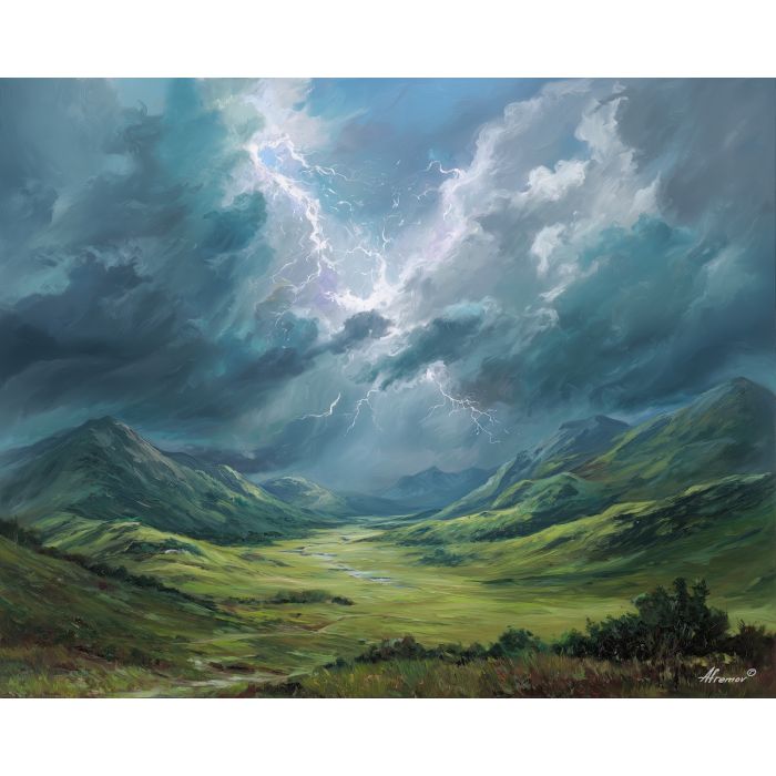 lightning element,highlands,storm energy,oil painting
