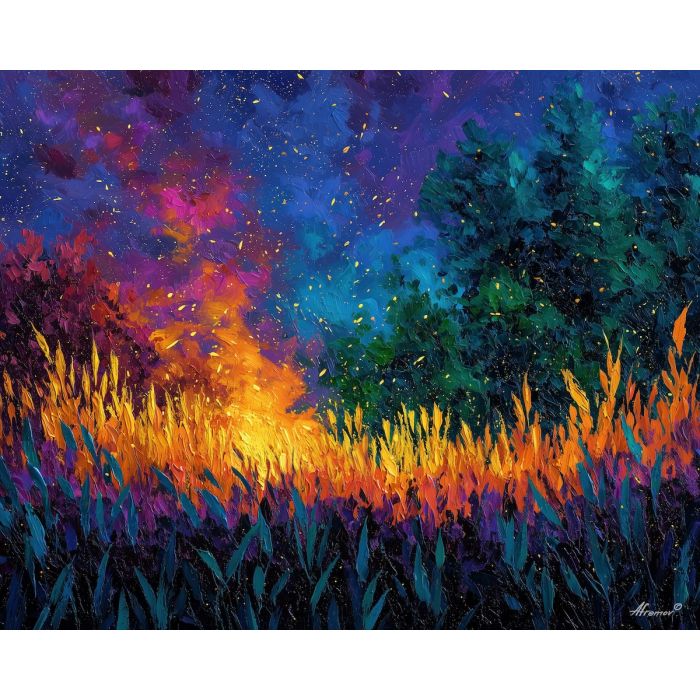 open, hidden, field, neon, palette knife, oil painting, impasto, thick paint, textured surface, expressive art, painterly style, material depth, visual rhythm, contemporary art, hand painted, layered pigment, atmospheric, modern composition