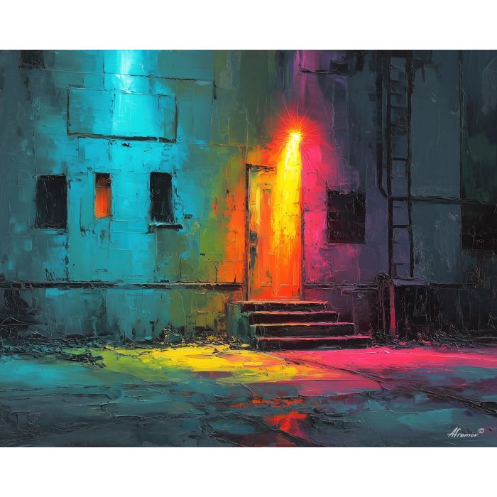 grounded, muted, balance, neon, palette knife, oil painting, impasto, thick paint, textured surface, expressive art, painterly style, material depth, visual rhythm, contemporary art, hand painted, layered pigment, atmospheric, modern composition