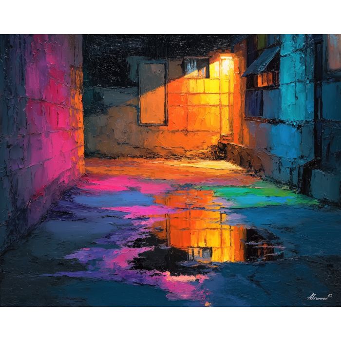 charged, outline, neon, palette knife, oil painting, impasto, thick paint, textured surface, expressive art, painterly style, material depth, visual rhythm, contemporary art, hand painted, layered pigment, atmospheric, modern composition