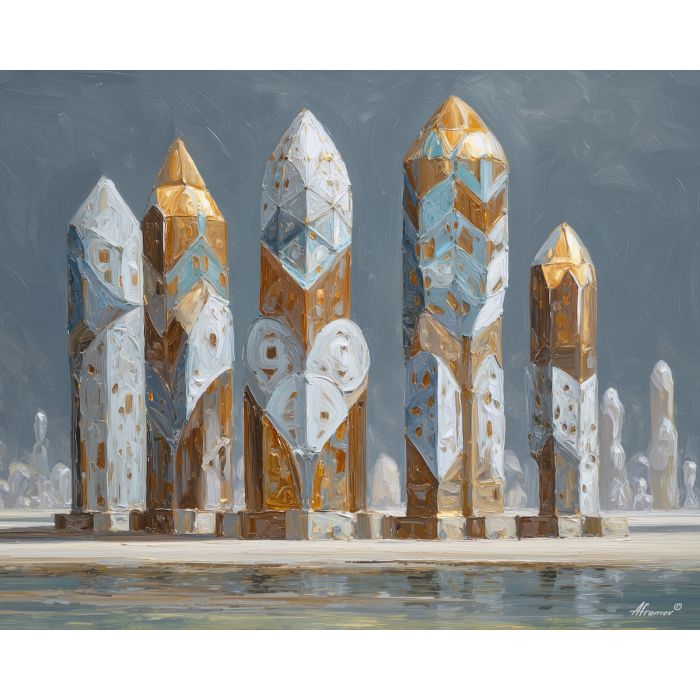 grounded, light, art deco, palette knife, oil painting, impasto, thick paint, textured surface, expressive art, painterly style, material depth, visual rhythm, contemporary art, hand painted, layered pigment, atmospheric, modern composition