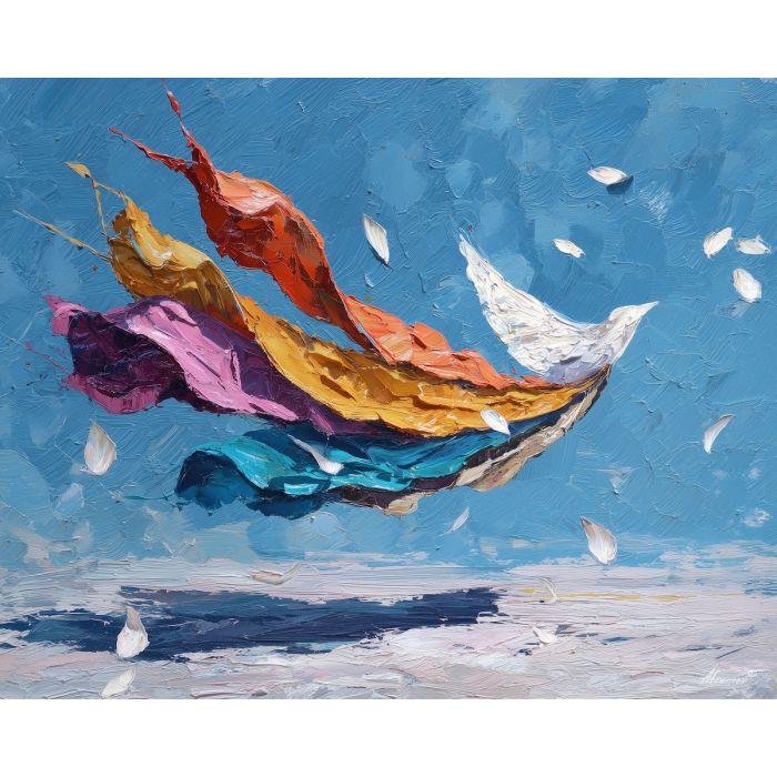 flowing, drifting, composition, gay, palette knife, oil painting, impasto, thick paint, textured surface, expressive art, painterly style, material depth, visual rhythm, contemporary art, hand painted, layered pigment, atmospheric, modern composition