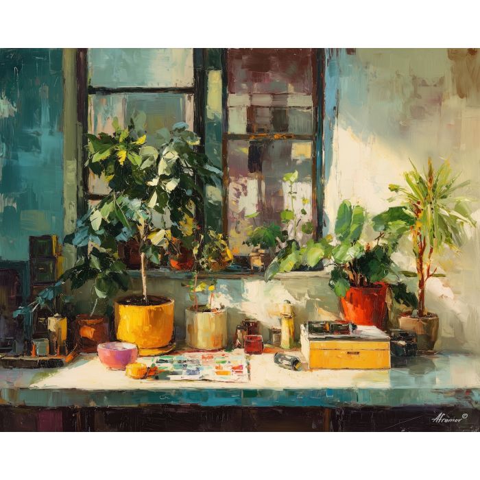 focused, moment, boho, palette knife, oil painting, impasto, thick paint, textured surface, expressive art, painterly style, material depth, visual rhythm, contemporary art, hand painted, layered pigment, atmospheric, modern composition