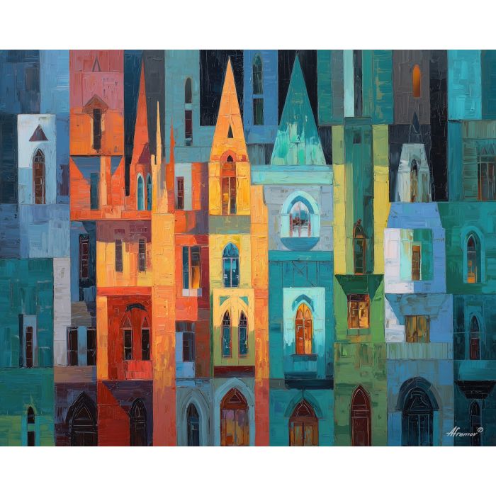 hidden, shape, art deco, palette knife, oil painting, impasto, thick paint, textured surface, expressive art, painterly style, material depth, visual rhythm, contemporary art, hand painted, layered pigment, atmospheric, modern composition