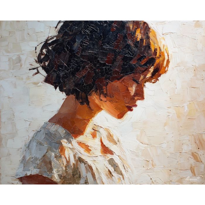 focused, figure, boho, palette knife, oil painting, impasto, thick paint, textured surface, expressive art, painterly style, material depth, visual rhythm, contemporary art, hand painted, layered pigment, atmospheric, modern composition