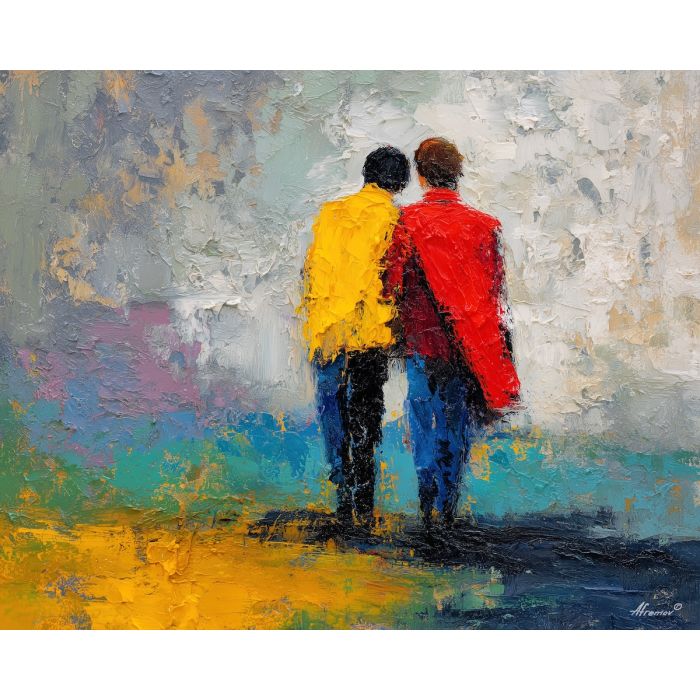 graphic, gesture, gay, palette knife, oil painting, impasto, thick paint, textured surface, expressive art, painterly style, material depth, visual rhythm, contemporary art, hand painted, layered pigment, atmospheric, modern composition