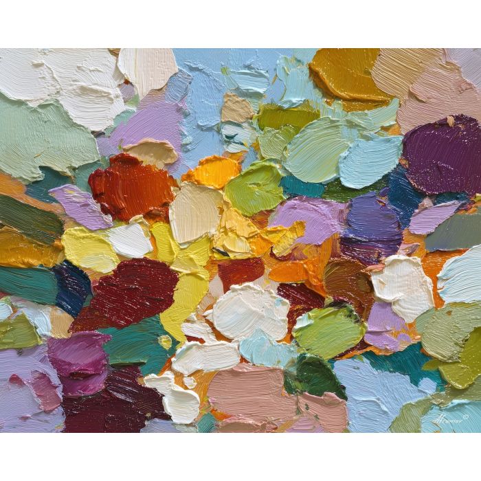 bright, field, boho, palette knife, oil painting, impasto, thick paint, textured surface, expressive art, painterly style, material depth, visual rhythm, contemporary art, hand painted, layered pigment, atmospheric, modern composition