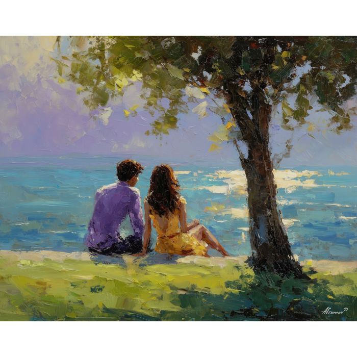 calm, scene, gay, palette knife, oil painting, impasto, thick paint, textured surface, expressive art, painterly style, material depth, visual rhythm, contemporary art, hand painted, layered pigment, atmospheric, modern composition