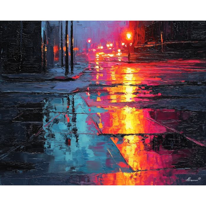 calm, balance, neon, palette knife, oil painting, impasto, thick paint, textured surface, expressive art, painterly style, material depth, visual rhythm, contemporary art, hand painted, layered pigment, atmospheric, modern composition