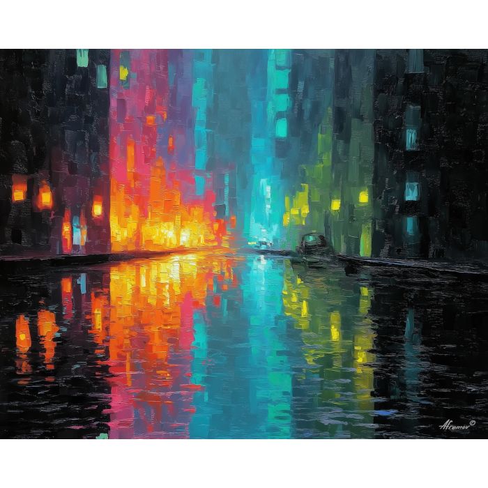 flowing, scene, neon, palette knife, oil painting, impasto, thick paint, textured surface, expressive art, painterly style, material depth, visual rhythm, contemporary art, hand painted, layered pigment, atmospheric, modern composition