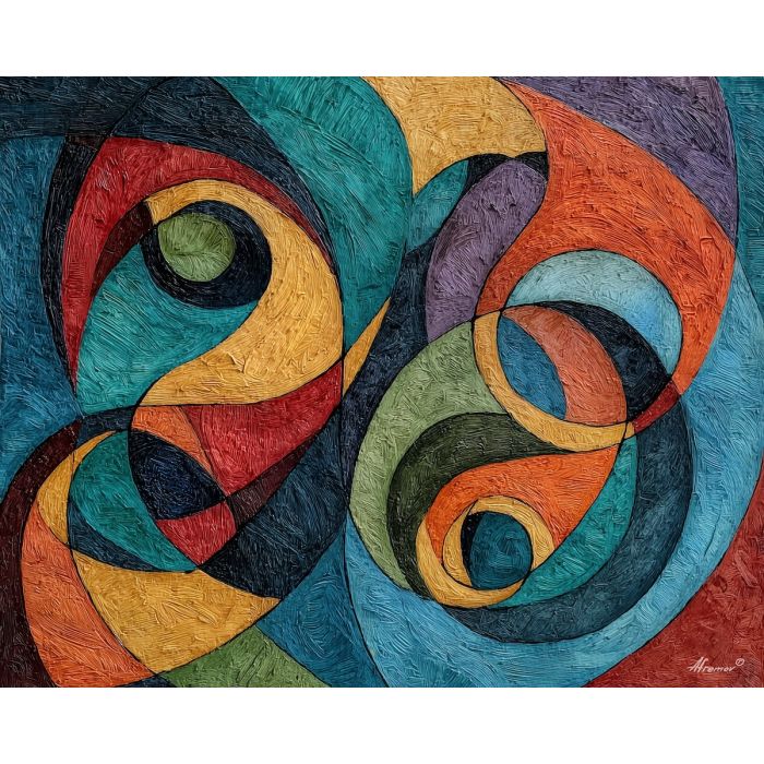 bright, hidden, shape, art deco, palette knife, oil painting, impasto, thick paint, textured surface, expressive art, painterly style, material depth, visual rhythm, contemporary art, hand painted, layered pigment, atmospheric, modern composition