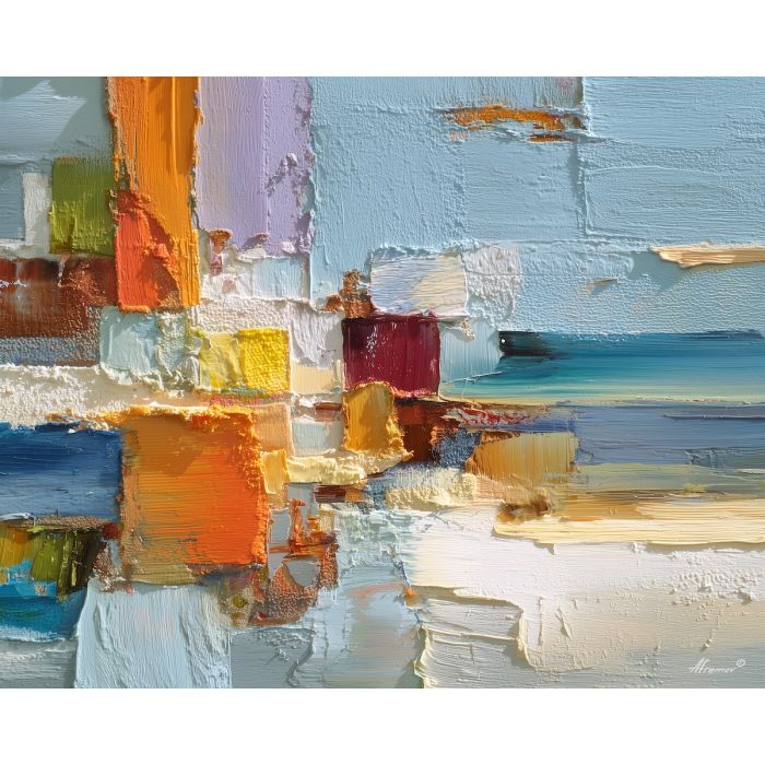 bright, dreamy, space, boho, palette knife, oil painting, impasto, thick paint, textured surface, expressive art, painterly style, material depth, visual rhythm, contemporary art, hand painted, layered pigment, atmospheric, modern composition