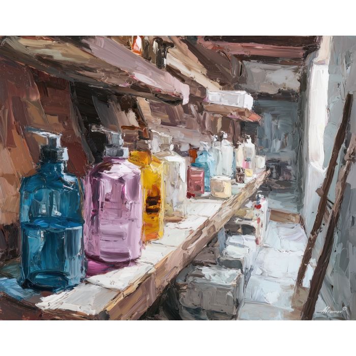 still, plane, funny bathroom, palette knife, oil painting, impasto, thick paint, textured surface, expressive art, painterly style, material depth, visual rhythm, hand painted, layered pigment, atmospheric, fine art, contemporary painting