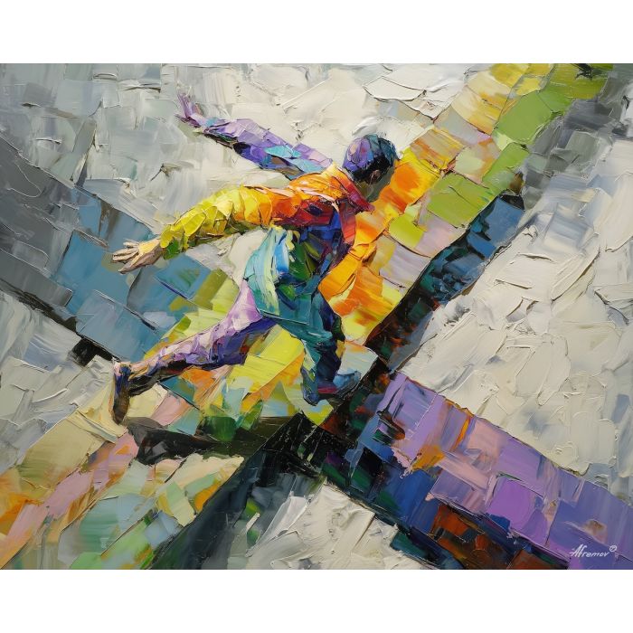 sharp, figure, geometric abstract, palette knife, oil painting, impasto, thick paint, textured surface, expressive art, painterly style, material depth, visual rhythm, hand painted, layered pigment, atmospheric, fine art, contemporary painting