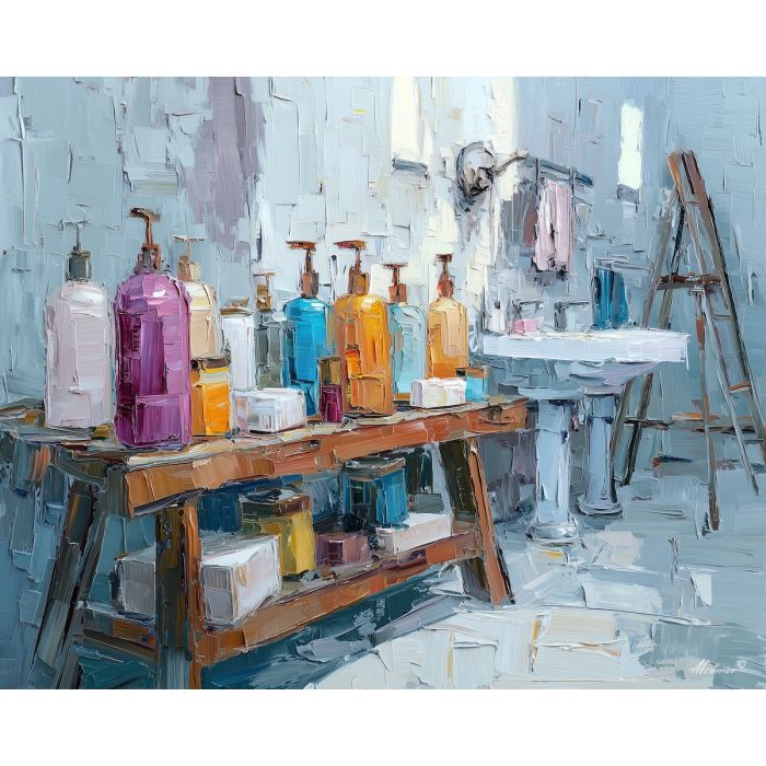 playful, field, funny bathroom, palette knife, oil painting, impasto, thick paint, textured surface, expressive art, painterly style, material depth, visual rhythm, hand painted, layered pigment, atmospheric, fine art, contemporary painting